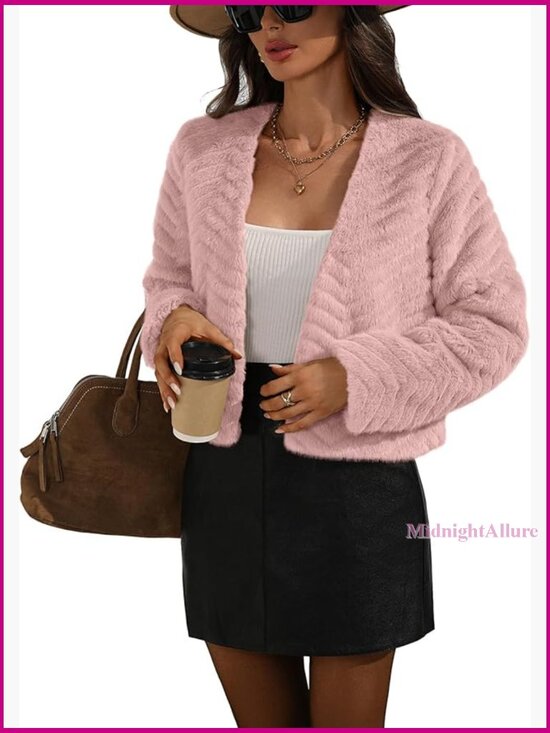 Jackets & Blazers - Faux Fur Cropped Jacket Oversize Open Front Long Sleeve with Pockets